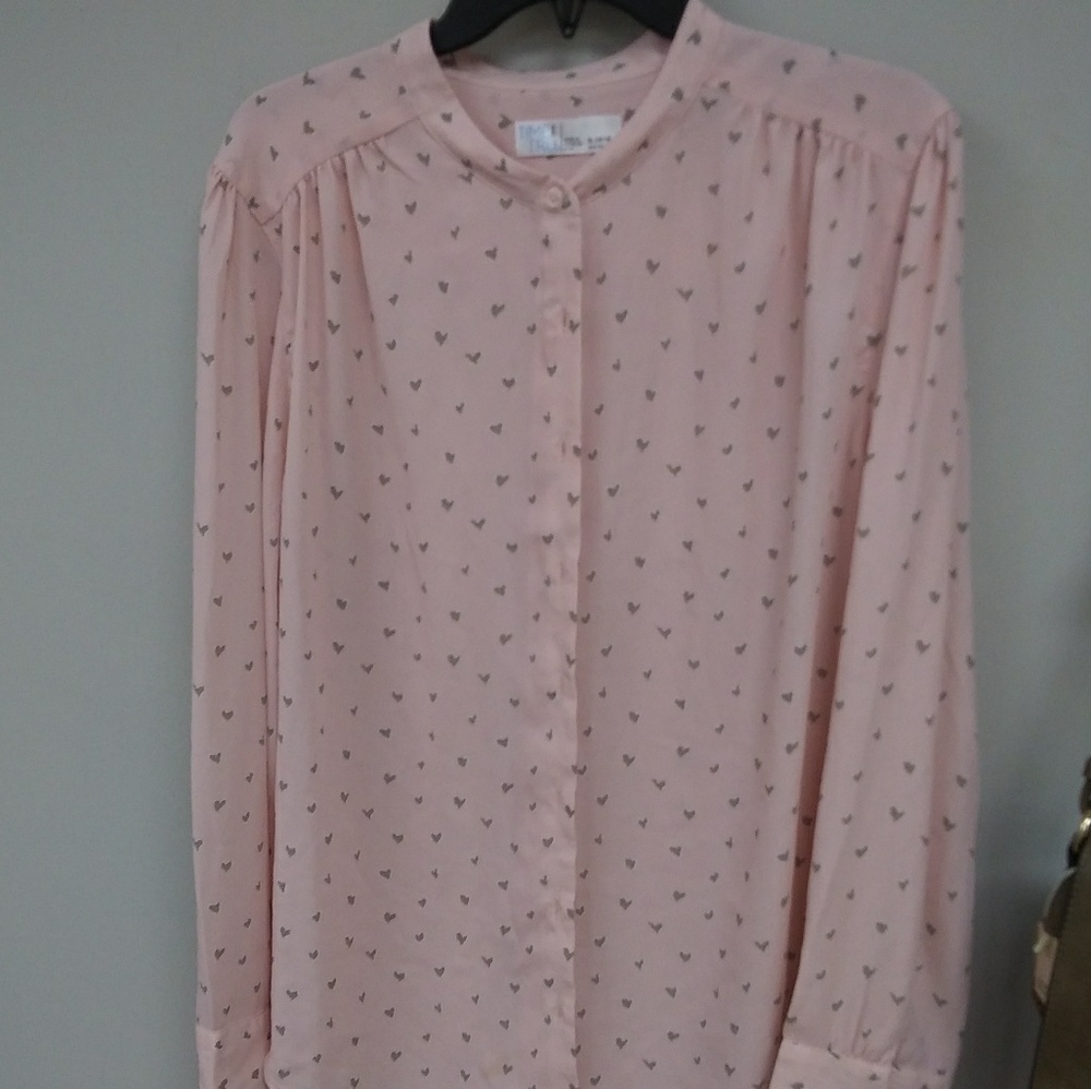 Pink Button Up Gray Hearts Sheer Size XL